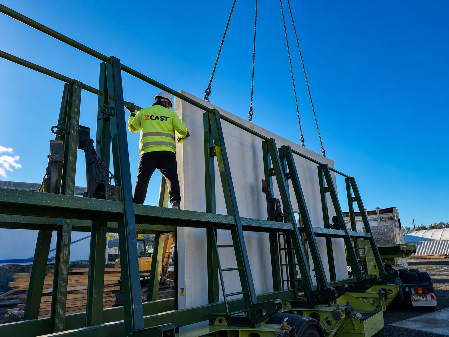 ZCAST team member coordinating a precast panel delivery with ZCAST branded high-vis gear