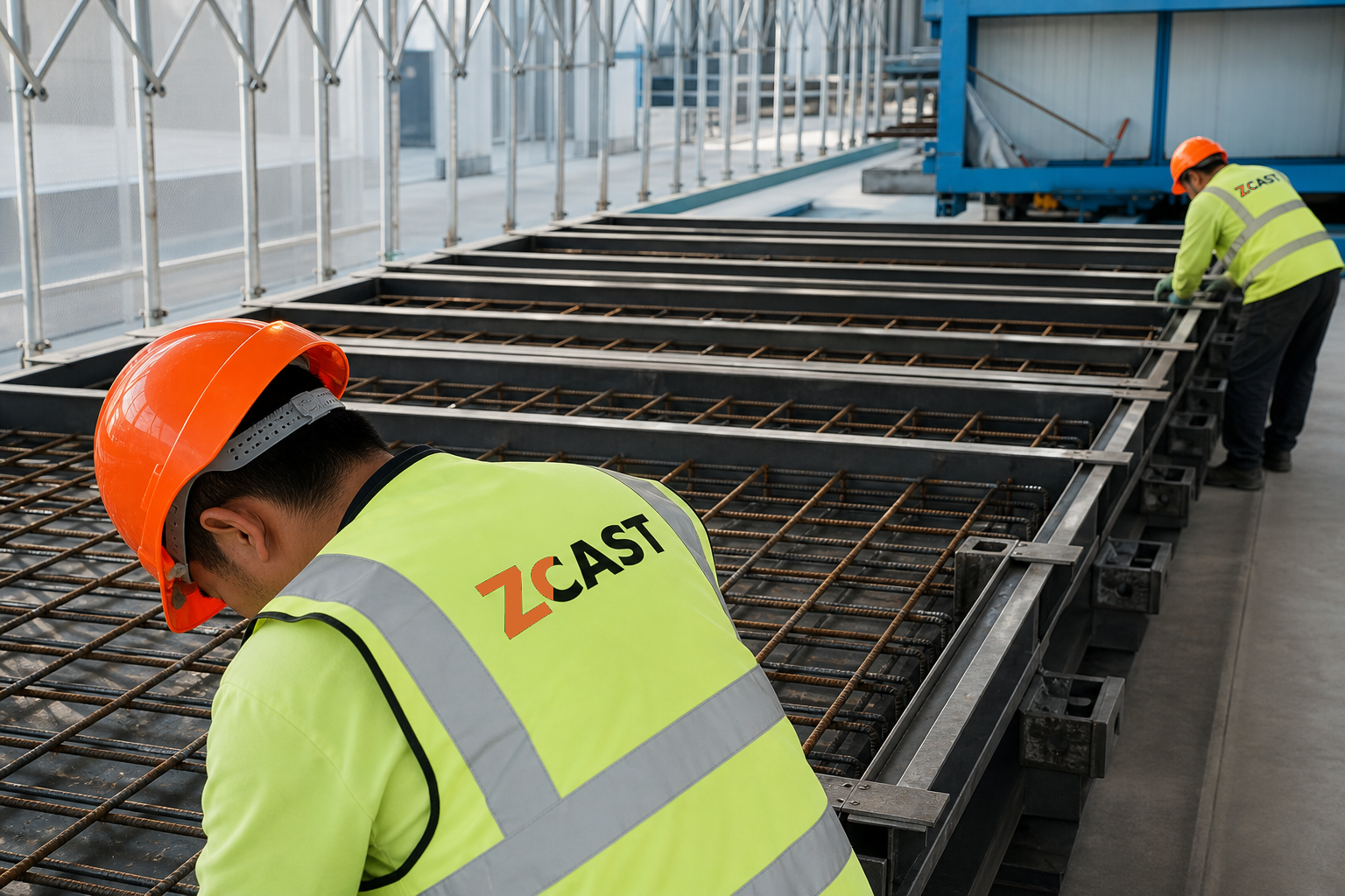 ZCAST factory team preparing reinforcement in clean steel mould beds with branded PPE