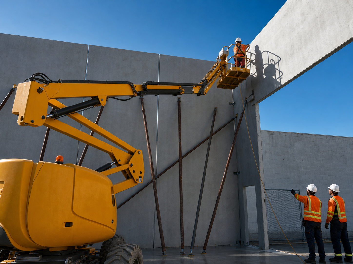 ZCAST installation team working from a boom lift with full PPE beside precast concrete panels