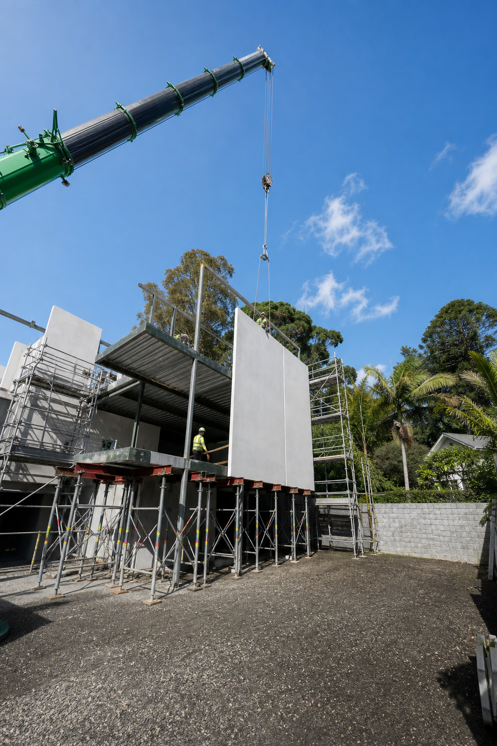Remuera luxury residence precast panels lifted by crane with site crew in PPE
