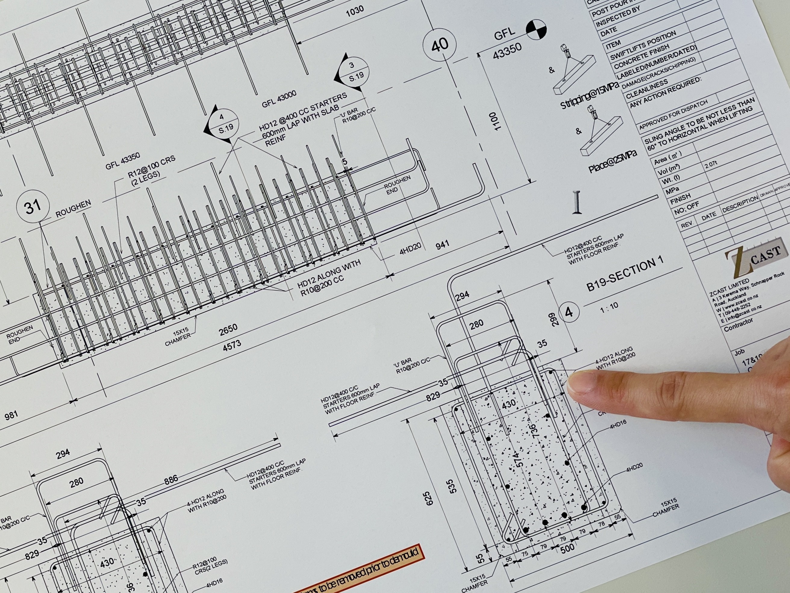 ZCAST precast shop drawing showing dimensions, reinforcement and lifting notes