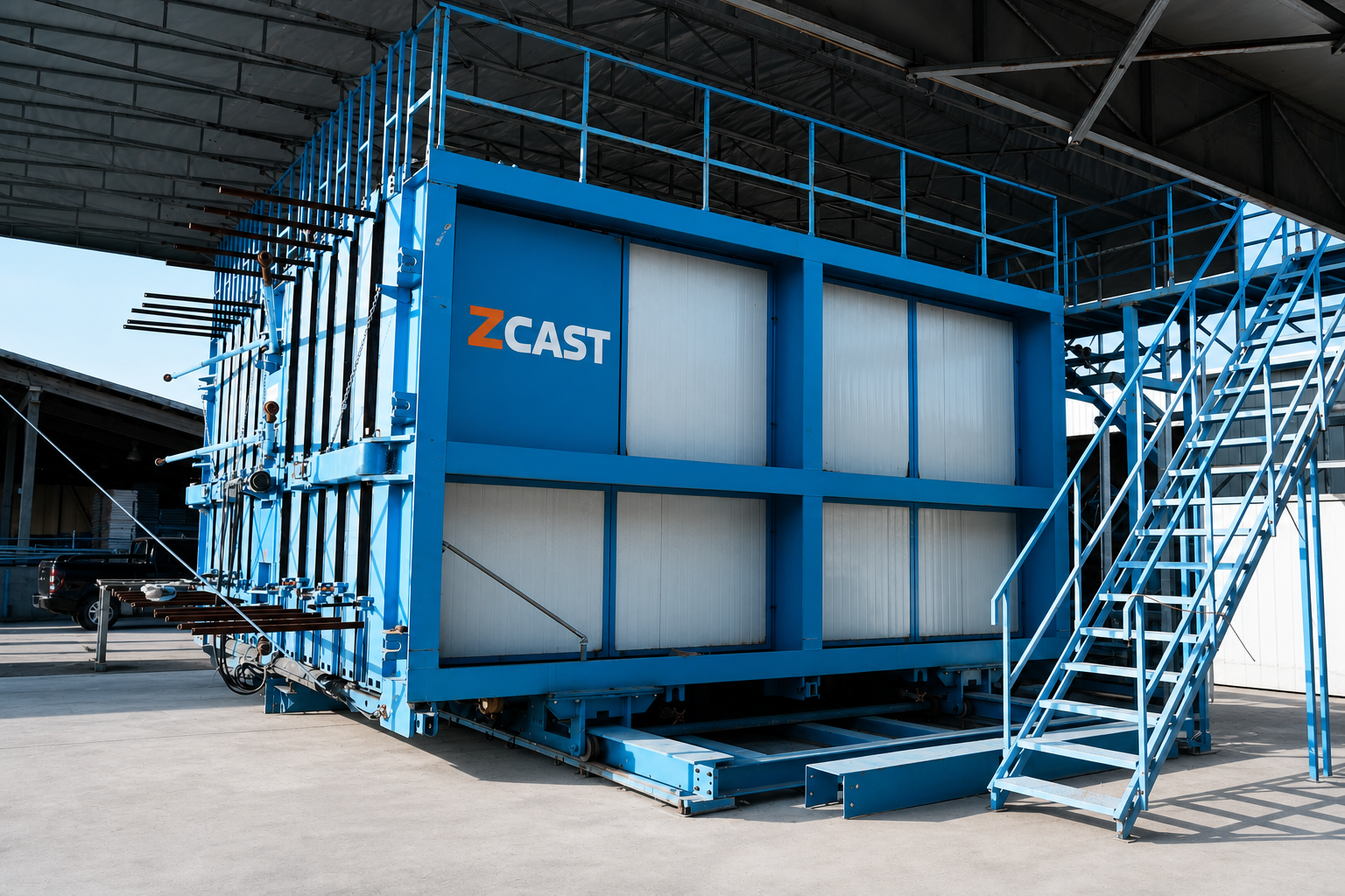 ZCAST vertical steel mould system with ZCAST branding in a clean factory setting